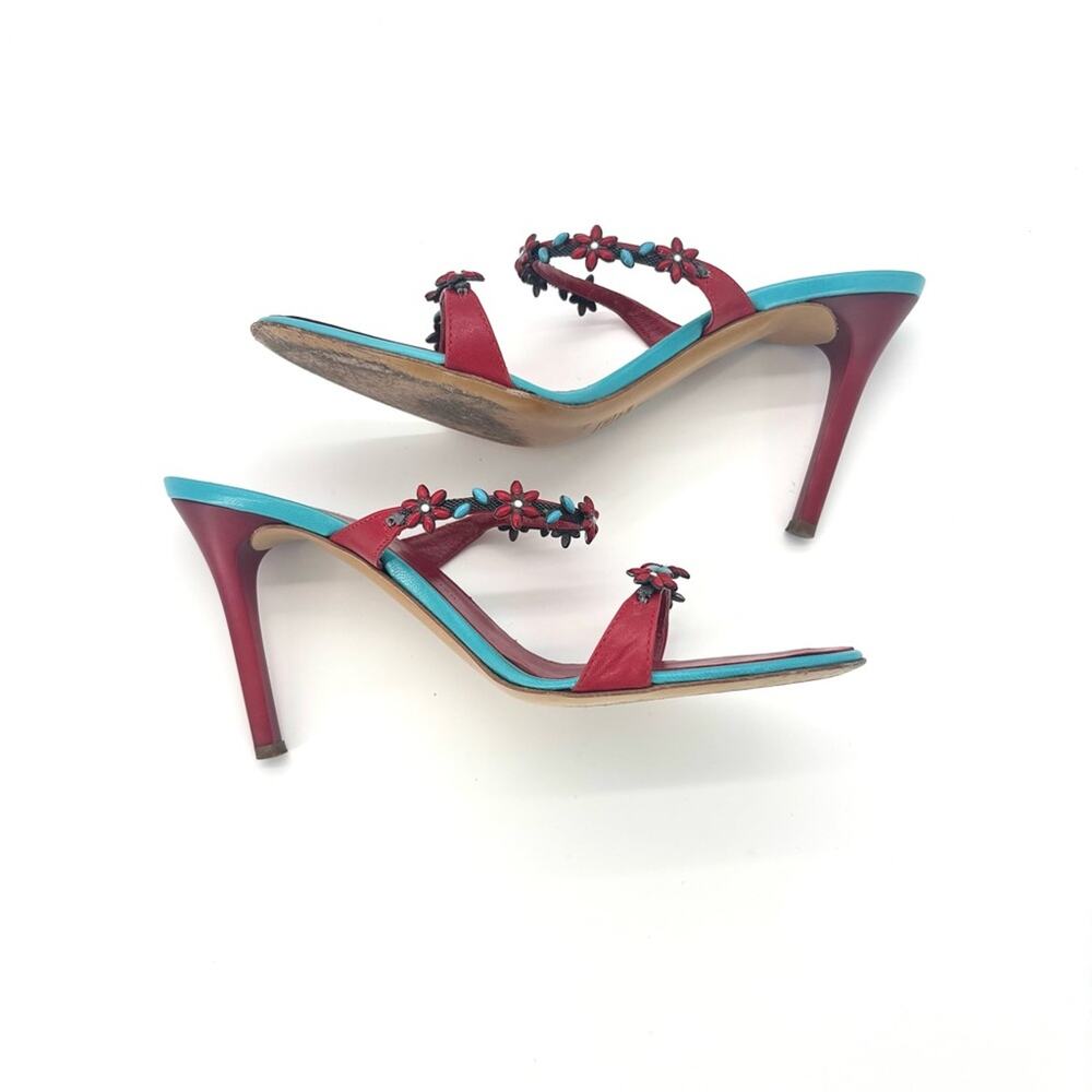 Vintage Giuseppe Zanotti Red Turquoise Floral Embellished Mules Sandals  37 - Picture 8 of 12